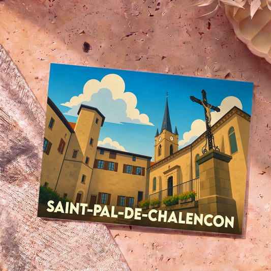 Carte postale souvenir de la ville de Saint-Pal-de-Chalencon avec une illustration stylisée de son architecture historique.