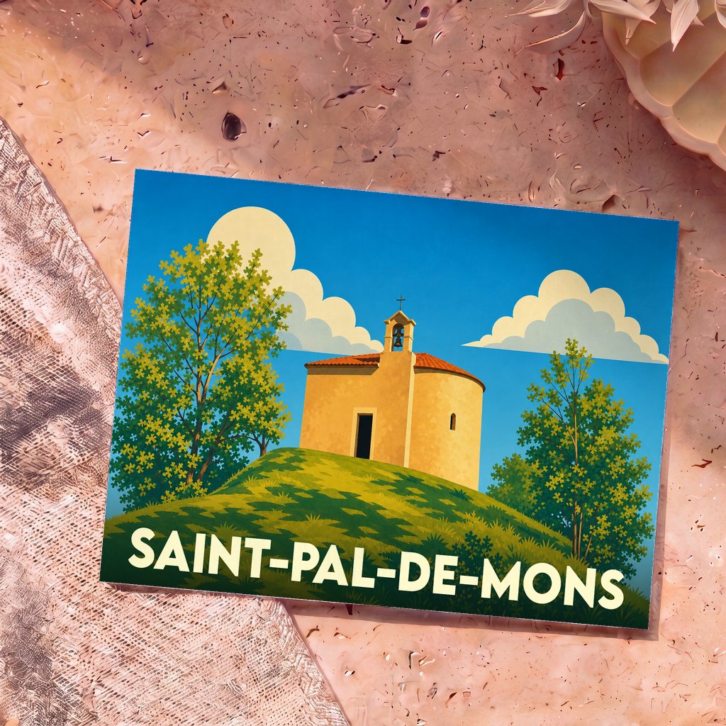 Carte postale souvenir de la ville de Saint-Pal-de-Mons avec une illustration stylisée d'une petite chapelle sur une colline.