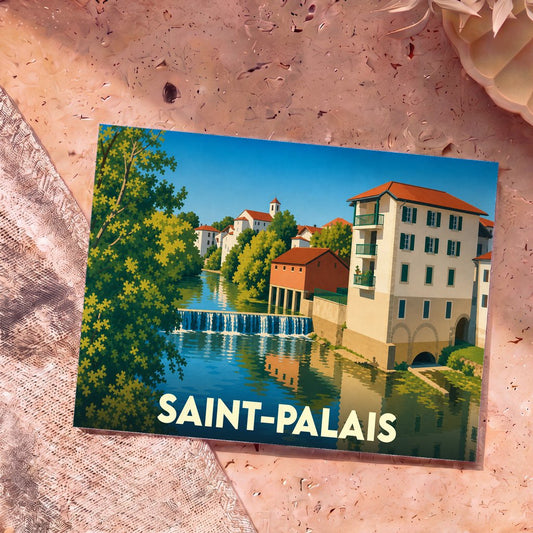 Carte postale souvenir de la ville de Saint-Palais avec une illustration stylisée des bâtiments en bord de rivière.