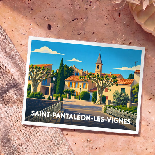 Carte postale souvenir de la ville de Saint-Pantaléon-les-Vignes avec une illustration stylisée d'un village provençal.