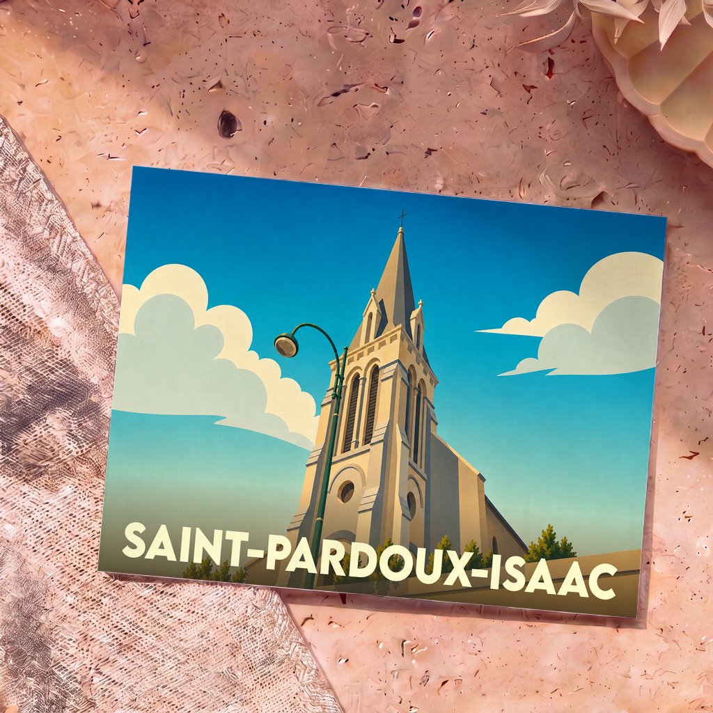 Carte postale souvenir de la ville de Saint-Pardoux-Isaac avec une illustration stylisée de son église sous un ciel bleu.