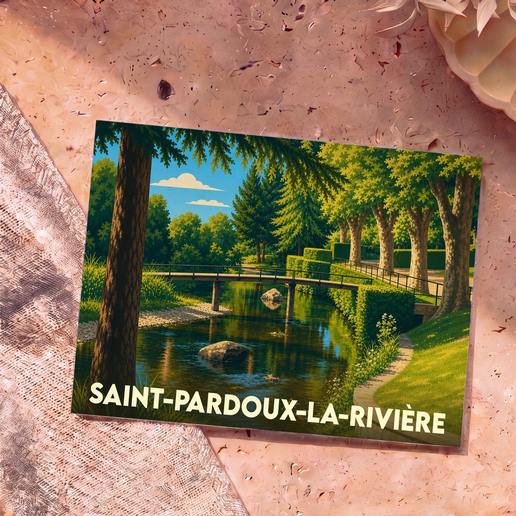 Carte postale souvenir de la ville de Saint-Pardoux-la-Rivière avec une illustration stylisée d'un pont traversant une rivière bordée d'arbres.