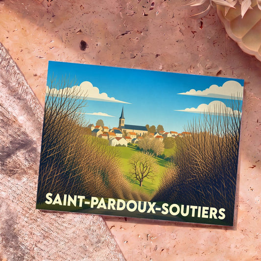 Carte postale souvenir de la commune de Saint-Pardoux-Soutiers avec une illustration paysagère stylisée.