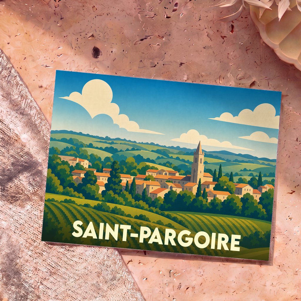Carte postale souvenir de la ville de Saint-Pargoire avec une illustration stylisée de son paysage vallonné.