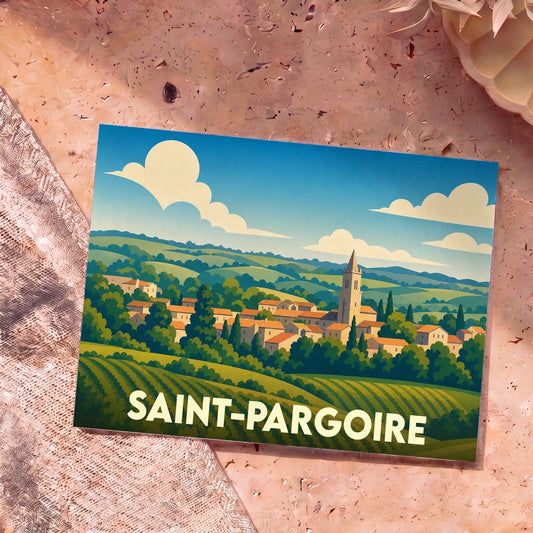 Carte postale souvenir de la ville de Saint-Pargoire avec une illustration stylisée de son paysage vallonné.