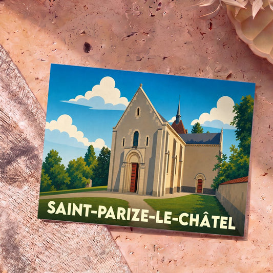 Carte postale souvenir de la ville de Saint-Parize-le-Châtel avec une illustration stylisée de son église.