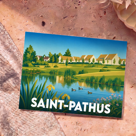 Carte postale souvenir de la ville de Saint-Pathus avec une illustration stylisée d'un étang et de maisons.