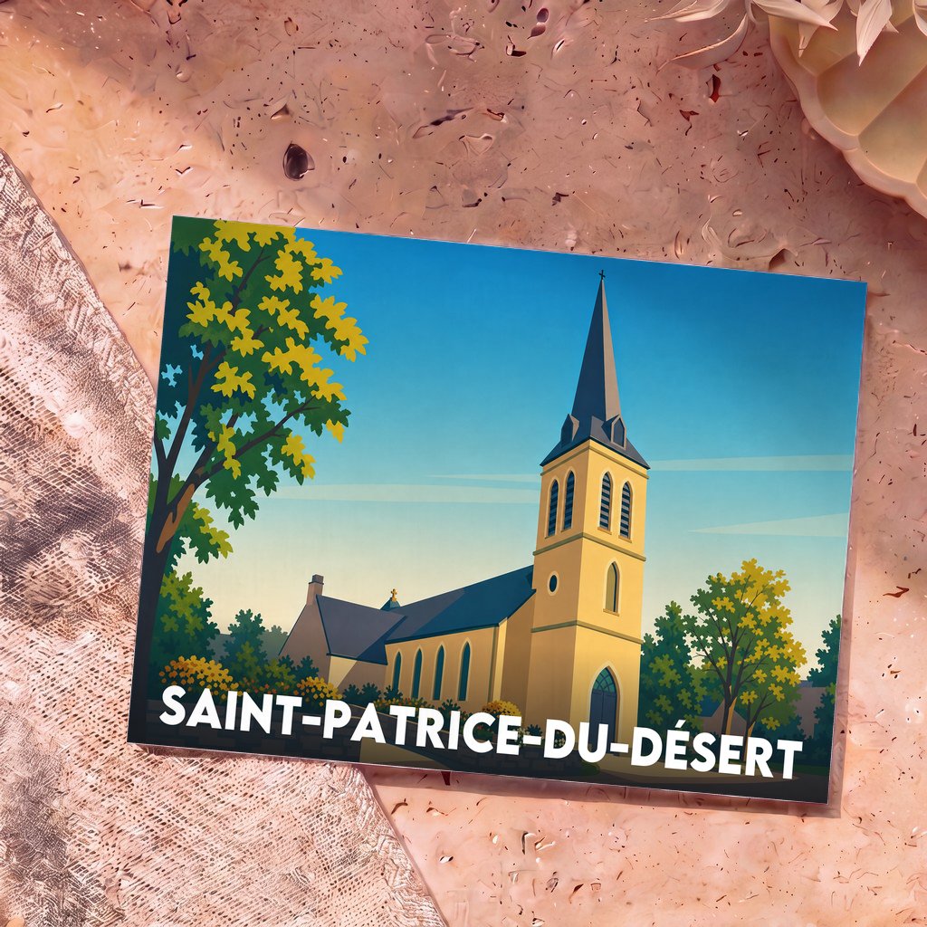 Carte postale souvenir de la ville de Saint-Patrice-du-Désert avec une illustration stylisée de son église.