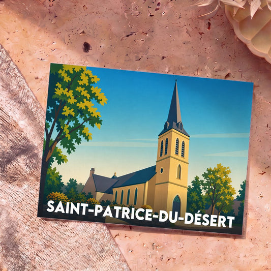 Carte postale souvenir de la ville de Saint-Patrice-du-Désert avec une illustration stylisée de son église.