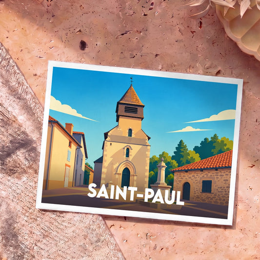 Carte postale souvenir de la ville de Saint-Paul avec une illustration stylisée de son église et de sa place.