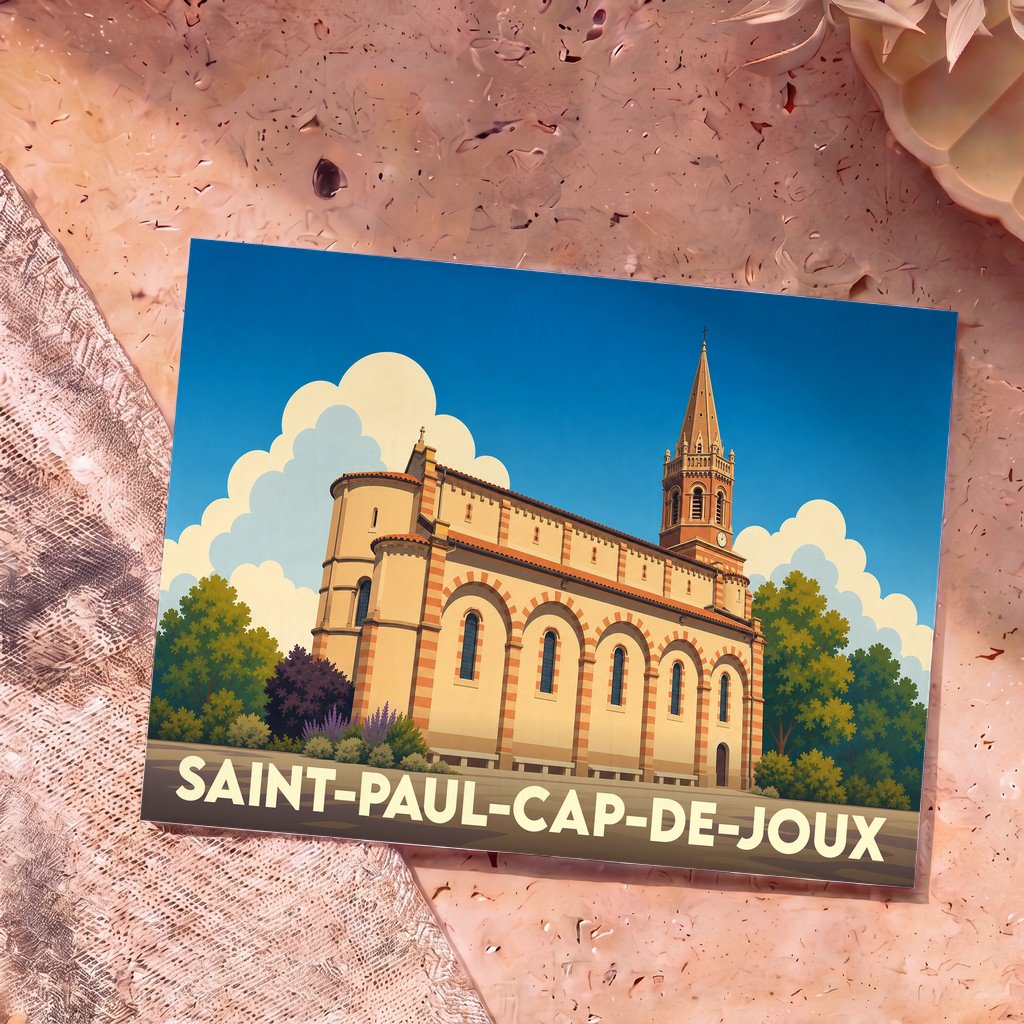Carte postale souvenir de Saint-Paul-Cap-de-Joux avec une illustration stylisée de son église sous un ciel bleu.