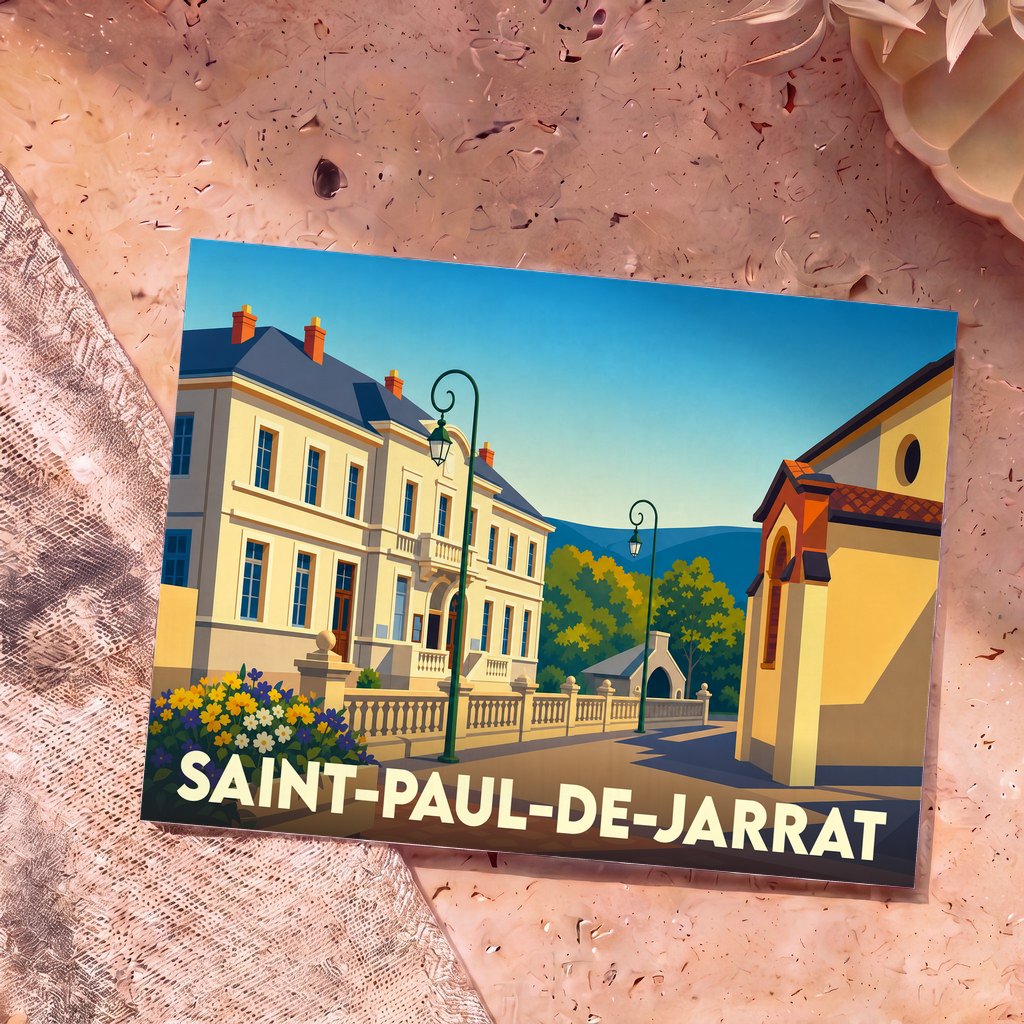 Carte postale souvenir de la ville de Saint-Paul-de-Jarrat avec une illustration stylisée de son architecture.