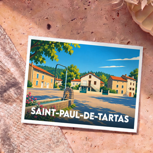 Carte postale souvenir de la ville de Saint-Paul-de-Tartas avec une illustration stylisée de sa place principale.