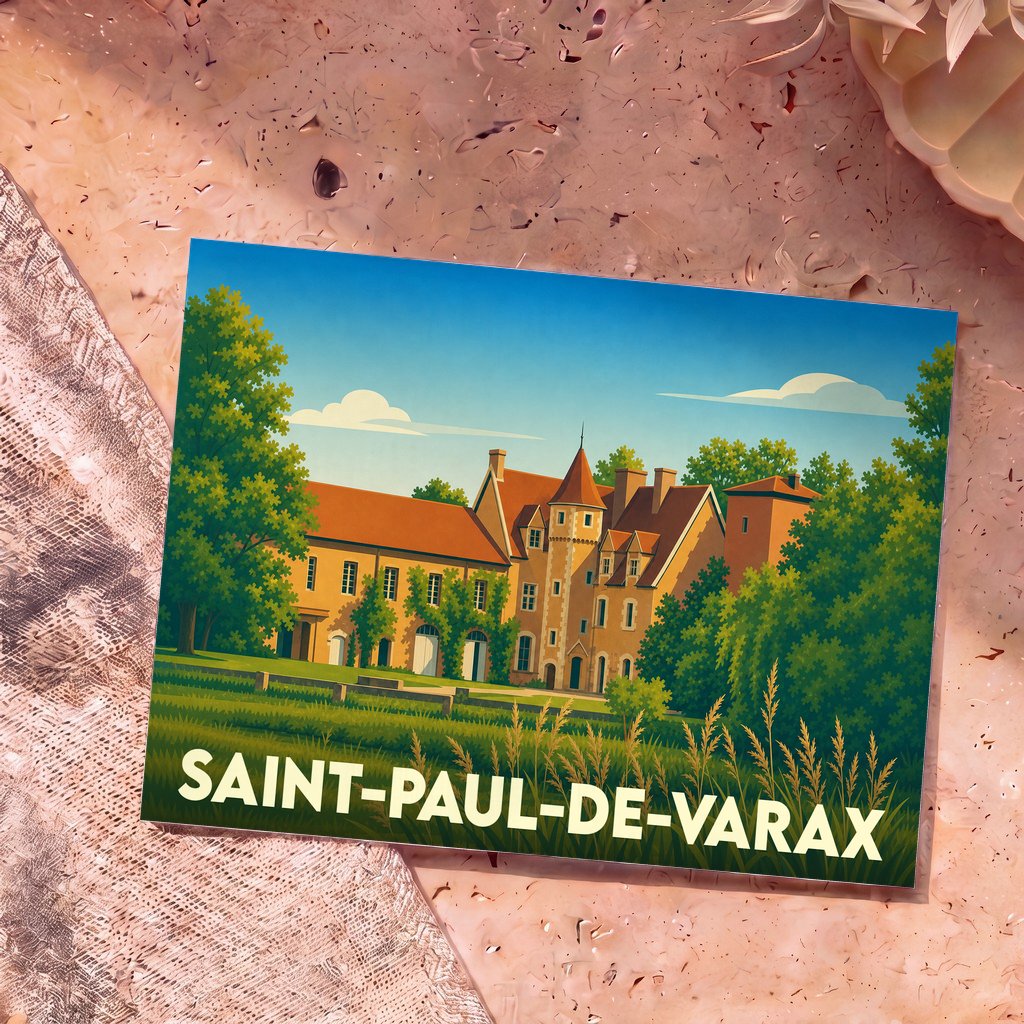Carte postale souvenir de la ville de Saint-Paul-de-Varax avec une illustration stylisée d'un château.