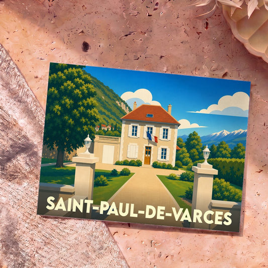 Carte postale souvenir de la ville de Saint-Paul-de-Varces avec une illustration stylisée.