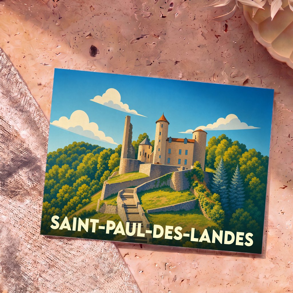 Carte postale souvenir de la ville de Saint-Paul-des-Landes avec une illustration stylisée d'un château médiéval.