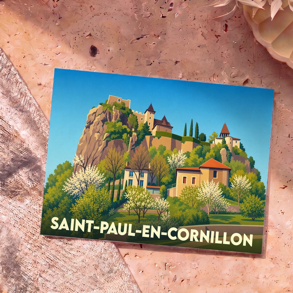 Carte postale souvenir de la ville de Saint-Paul-en-Cornillon avec une illustration stylisée de son château sur un éperon rocheux.