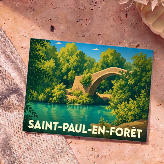Carte postale souvenir de Saint-Paul-en-Forêt arborant une illustration stylisée d'un pont en pierre surplombant une rivière dans un cadre verdoyant.