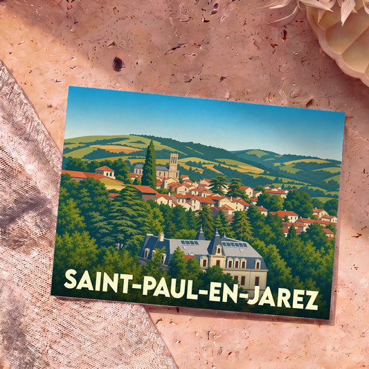 Carte postale souvenir de la ville de Saint-Paul-en-Jarez avec une illustration stylisée de ses paysages et de son architecture.