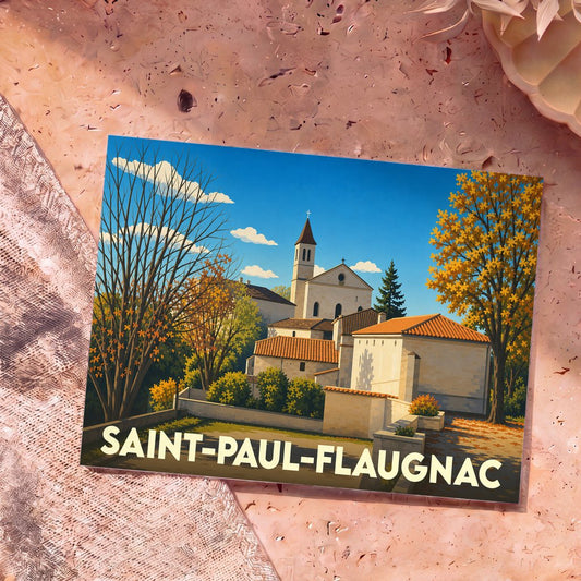 Carte postale souvenir de la ville de Saint-Paul-Flaugnac avec une illustration stylisée de son église et de ses paysages automnaux.