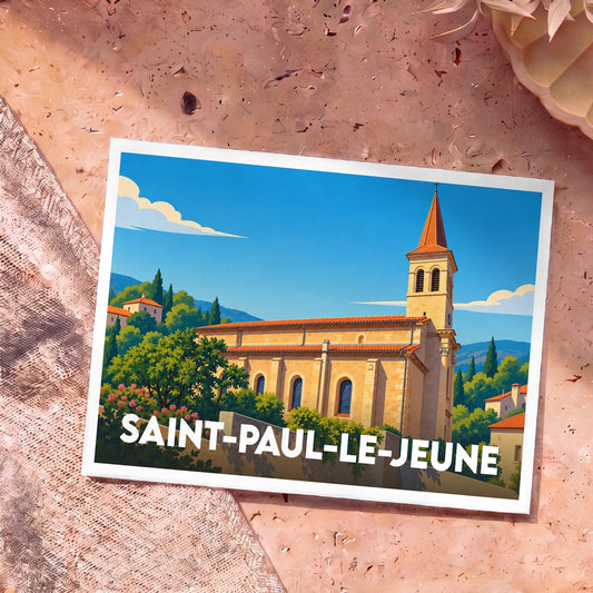Carte postale souvenir de la ville de Saint-Paul-le-Jeune illustrant une église provençale sous un ciel bleu.