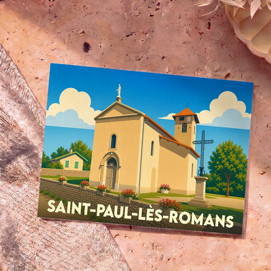 Carte postale souvenir de la ville de Saint-Paul-lès-Romans avec une illustration stylisée de son église.