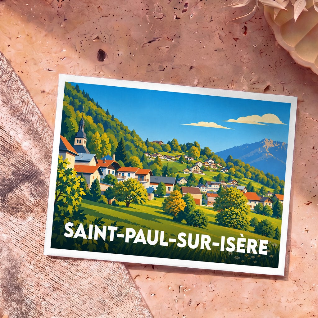 Carte postale souvenir de la ville de Saint-Paul-sur-Isère avec une illustration stylisée d'un village de montagne.