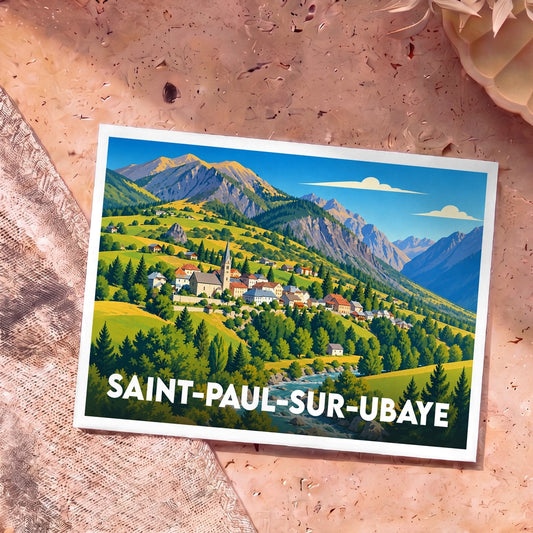 Carte postale souvenir de la ville de Saint-Paul-sur-Ubaye avec une illustration de style rétro représentant le village niché dans les montagnes.