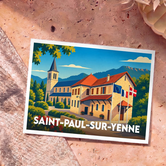 Carte postale souvenir de Saint-Paul-sur-Yenne avec une illustration stylisée de la mairie et de l'église sur fond de montagnes.