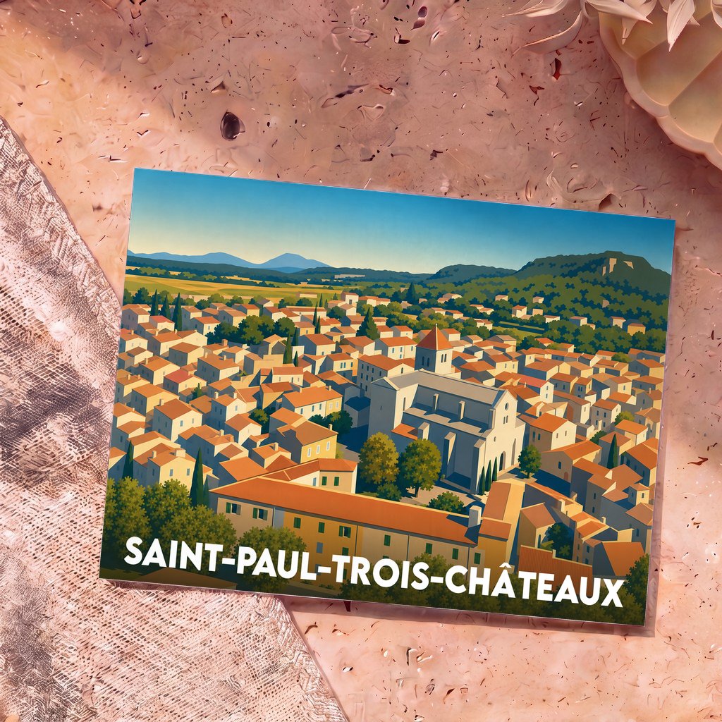 Carte postale souvenir de Saint-Paul-Trois-Châteaux présentant une illustration stylisée et colorée de la ville vue du ciel.