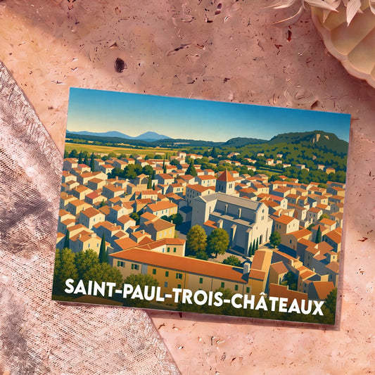 Carte postale souvenir de Saint-Paul-Trois-Châteaux présentant une illustration stylisée et colorée de la ville vue du ciel.