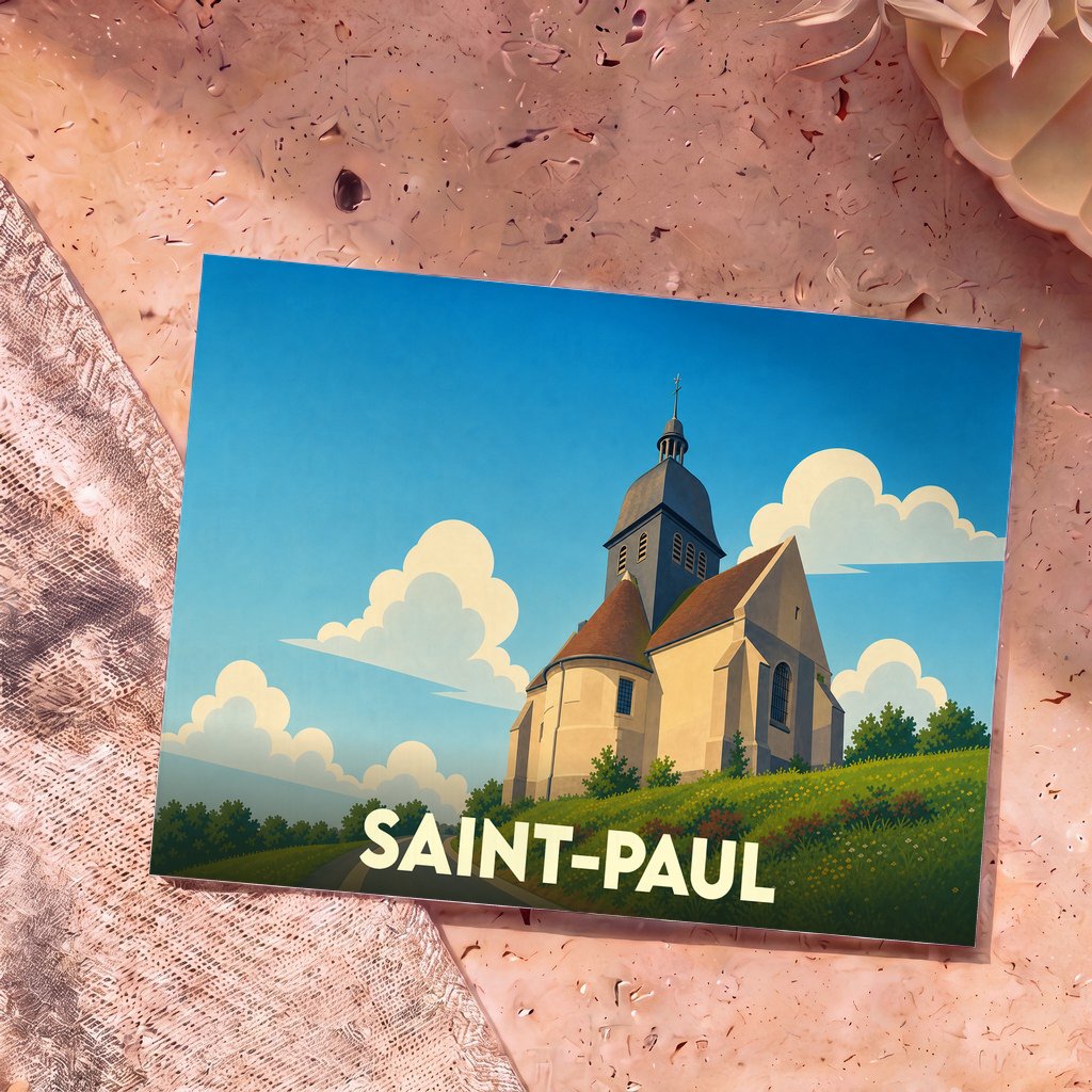 Carte postale souvenir de la ville de Saint-Paul avec une illustration stylisée de son église sur une colline.