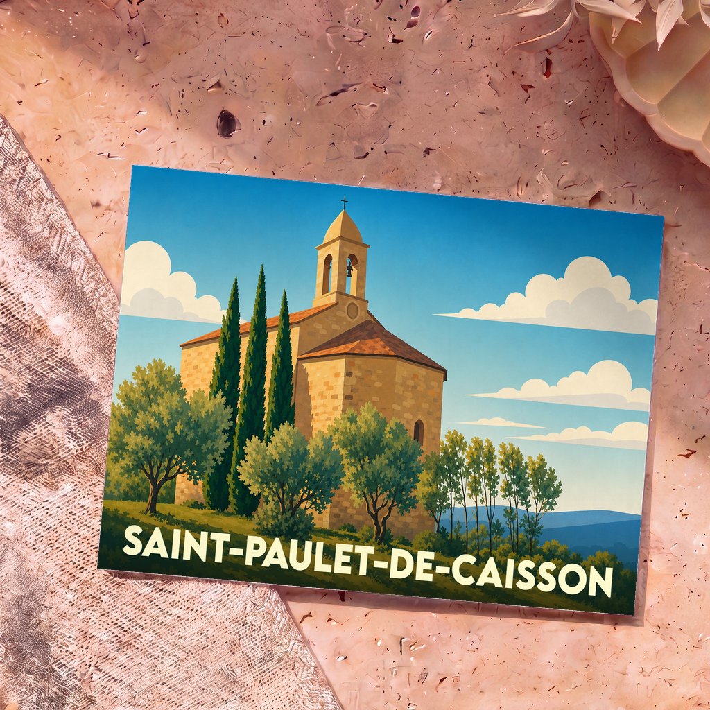Carte postale souvenir de la ville de Saint-Paulet-de-Caisson illustrant une église provençale entourée de cyprès dans un style graphique épuré.