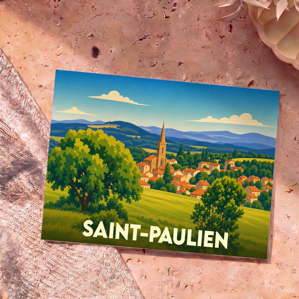 Carte postale souvenir de la ville de Saint-Paulien avec une illustration de style vintage représentant le village et son église.