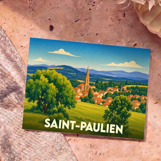 Carte postale souvenir de la ville de Saint-Paulien avec une illustration de style vintage représentant le village et son église.