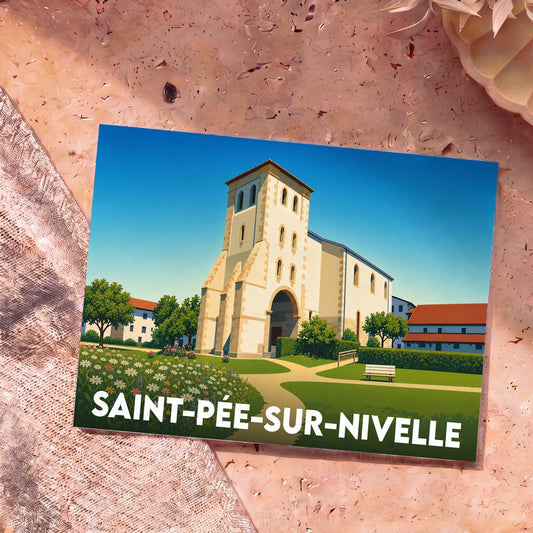Carte postale souvenir de la ville de Saint-Pée-sur-Nivelle avec une illustration stylisée de son église.