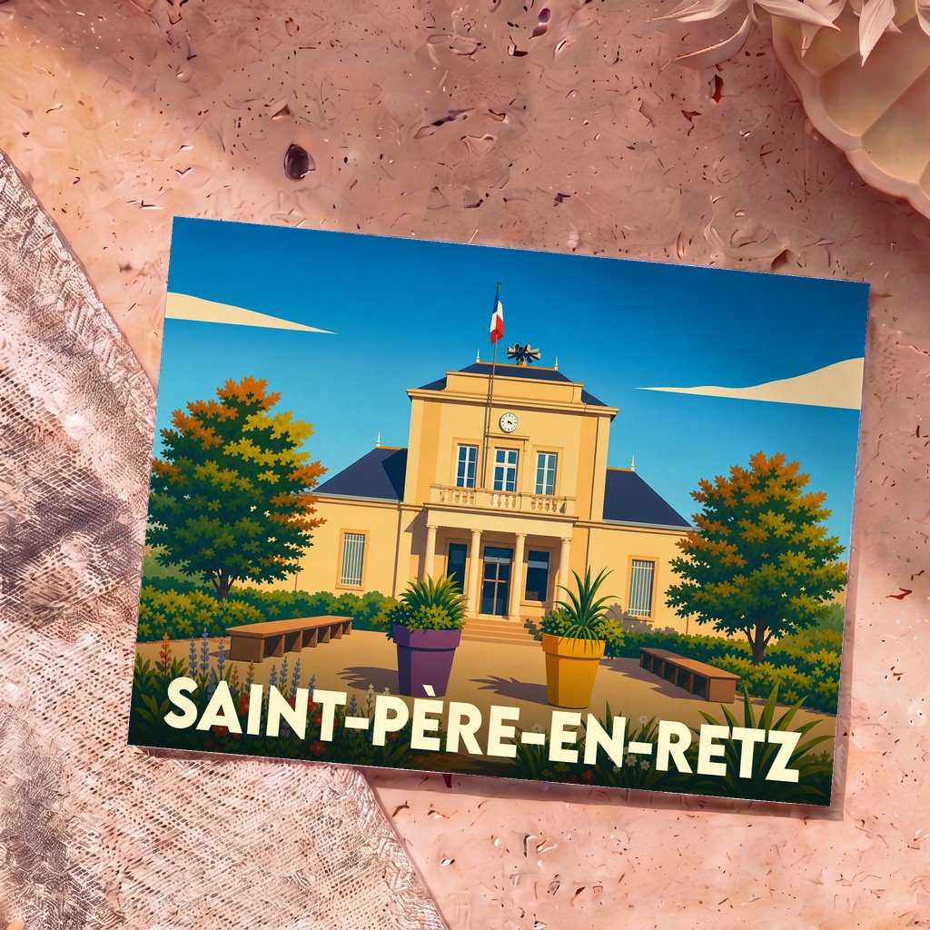 Carte postale souvenir de la ville de Saint-Père-en-Retz avec une illustration stylisée de son hôtel de ville.