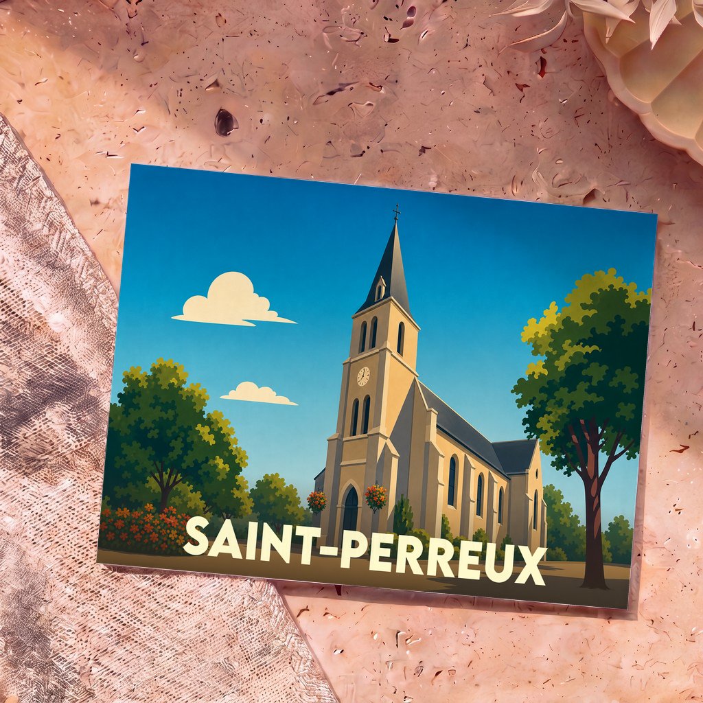 Carte postale souvenir de la ville de Saint-Perreux avec une illustration stylisée de son église.