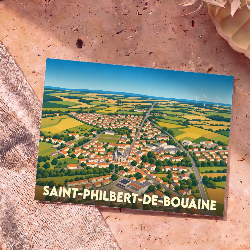 Carte postale souvenir de la ville de Saint-Philbert-de-Bouaine illustrant une vue aérienne stylisée de la commune et de ses campagnes.