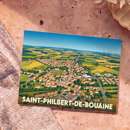 Carte postale souvenir de la ville de Saint-Philbert-de-Bouaine illustrant une vue aérienne stylisée de la commune et de ses campagnes.