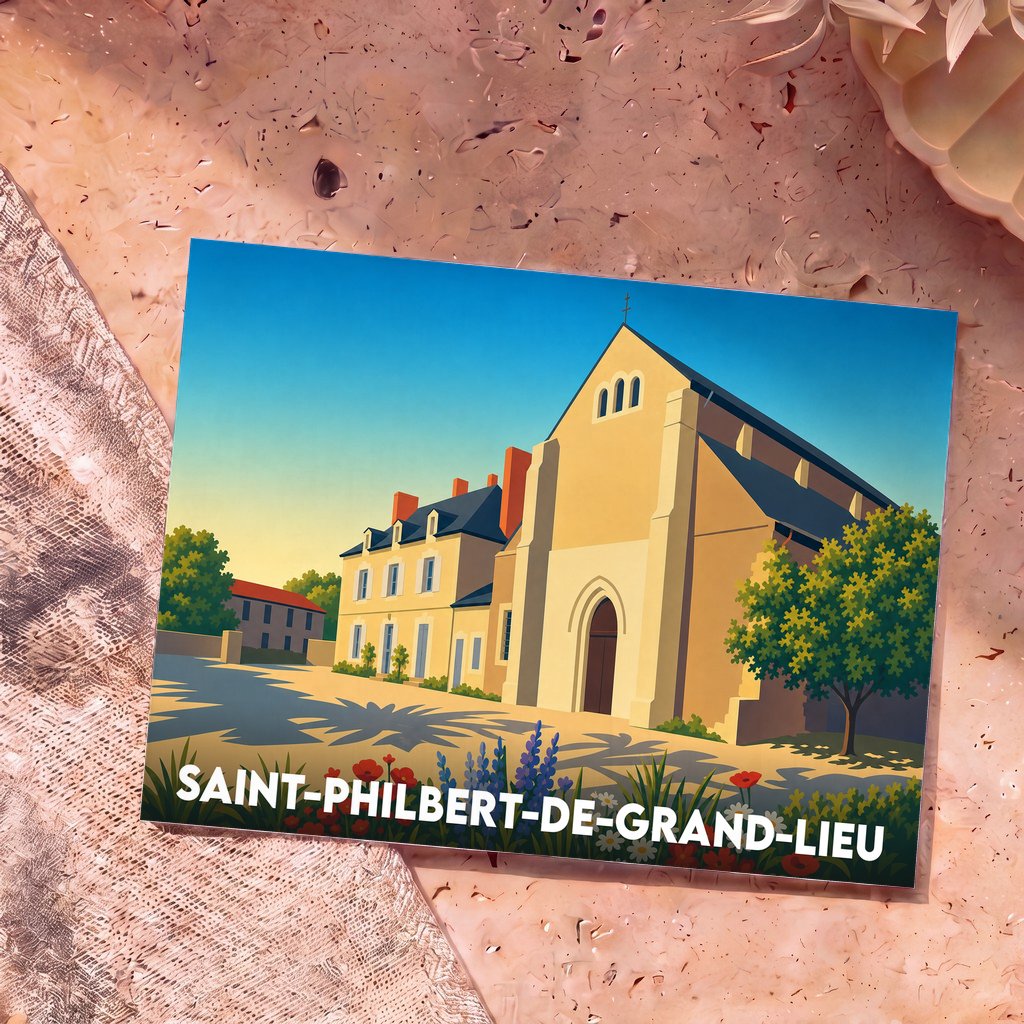 Carte postale souvenir de Saint-Philbert-de-Grand-Lieu présentant une illustration stylisée de son église abbatiale sous un ciel azur.