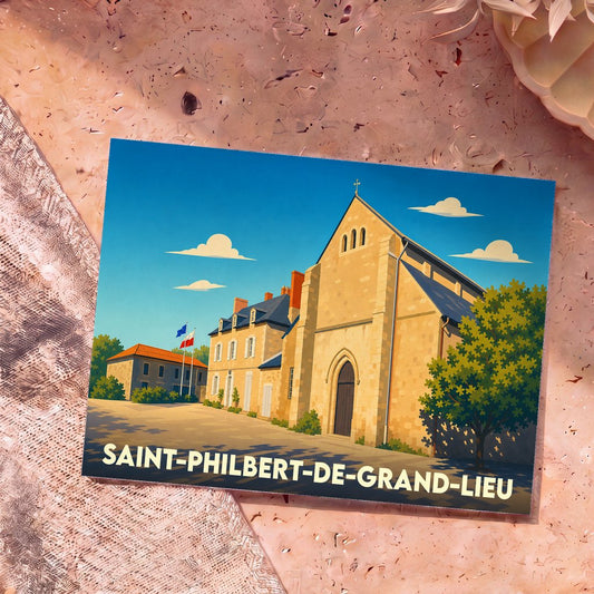 Carte postale souvenir de Saint-Philbert-de-Grand-Lieu avec une illustration stylisée de son abbatiale carolingienne.