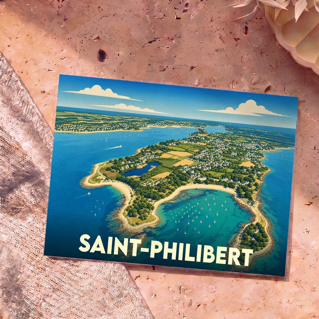 Carte postale souvenir de la ville de Saint-Philibert avec une illustration aérienne stylisée.