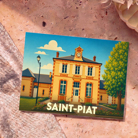 Carte postale souvenir de la ville de Saint-Piat avec une illustration stylisée de sa mairie.