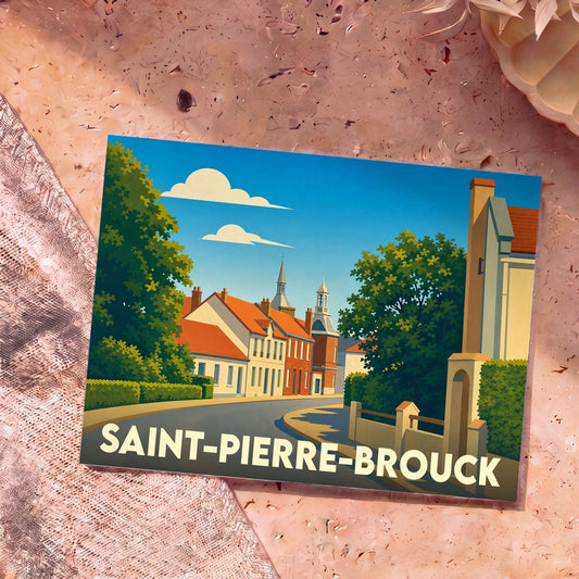Carte postale souvenir de Saint-Pierre-Brouck arborant une illustration stylisée et colorée de la ville.