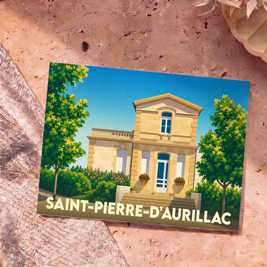 Carte postale souvenir de la ville de Saint-Pierre-d'Aurillac avec une illustration stylisée d'une maison de maître girondine.