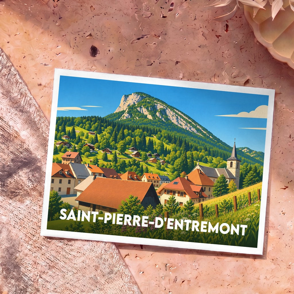 Carte postale souvenir de Saint-Pierre-d'Entremont avec une illustration stylisée du village et de ses montagnes environnantes.