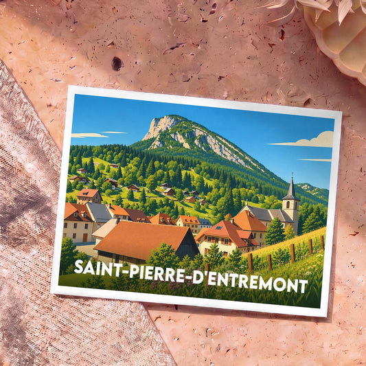 Carte postale souvenir de Saint-Pierre-d'Entremont avec une illustration stylisée du village et de ses montagnes environnantes.