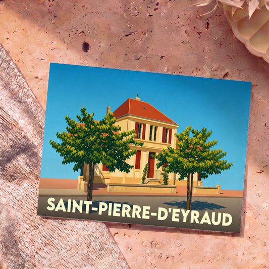 Carte postale souvenir de la ville de Saint-Pierre-d'Eyraud illustrant une grande maison bourgeoise entourée de deux arbres stylisés.