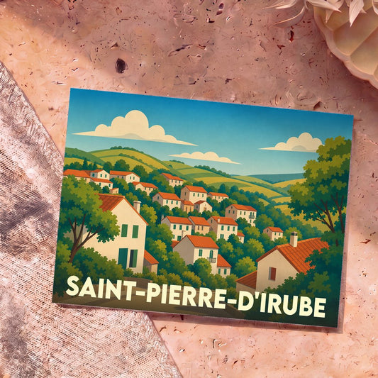 Carte postale souvenir de la ville de Saint-Pierre-d'Irube avec une illustration stylisée de maisons aux toits rouges dans un paysage vallonné.